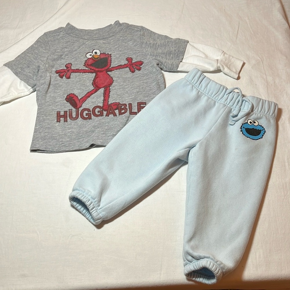 12-18M Old Navy/Sesame Street Elmo long sleeve shirt, GAP Cookie Monster joggers